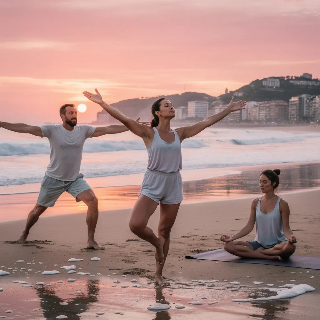 Una instructora guiando a un grupo en una secuencia de calentamiento que promueve la gestión del peso y la flexibilidad.