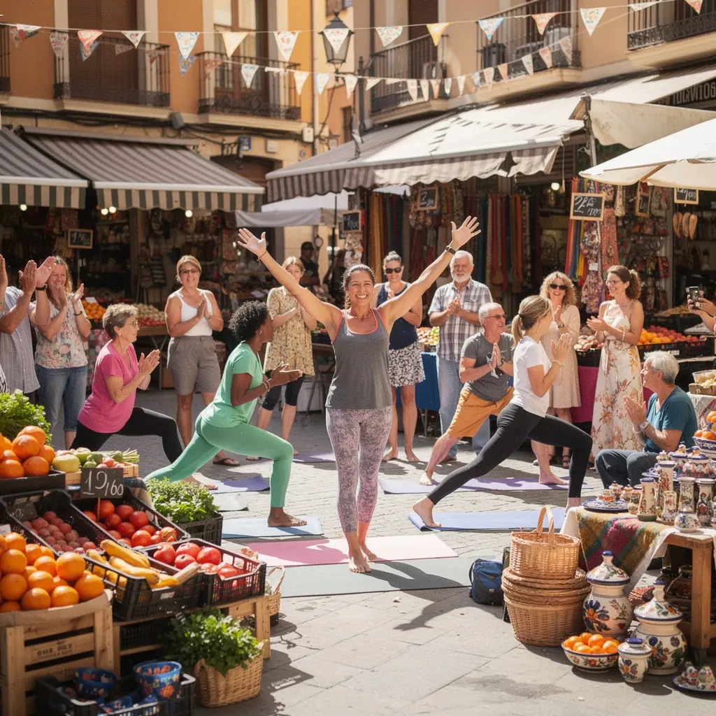 Varias personas en una clase de yoga, practicando secuencias energéticas para aumentar el metabolismo y mejorar la gestión del peso.