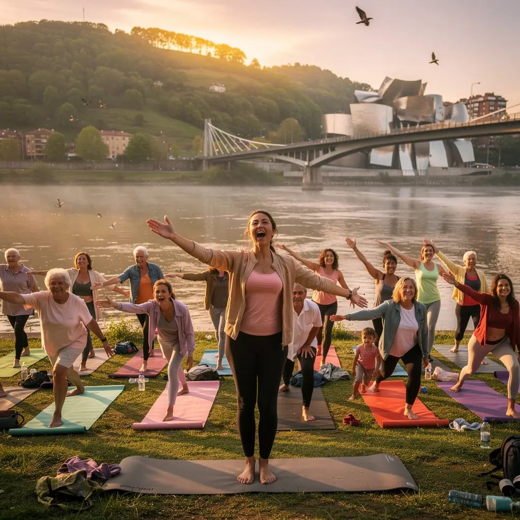 Un instructor guiando una sesión de yoga, demostrando una postura que ayuda a activar el metabolismo y quemar calorías.