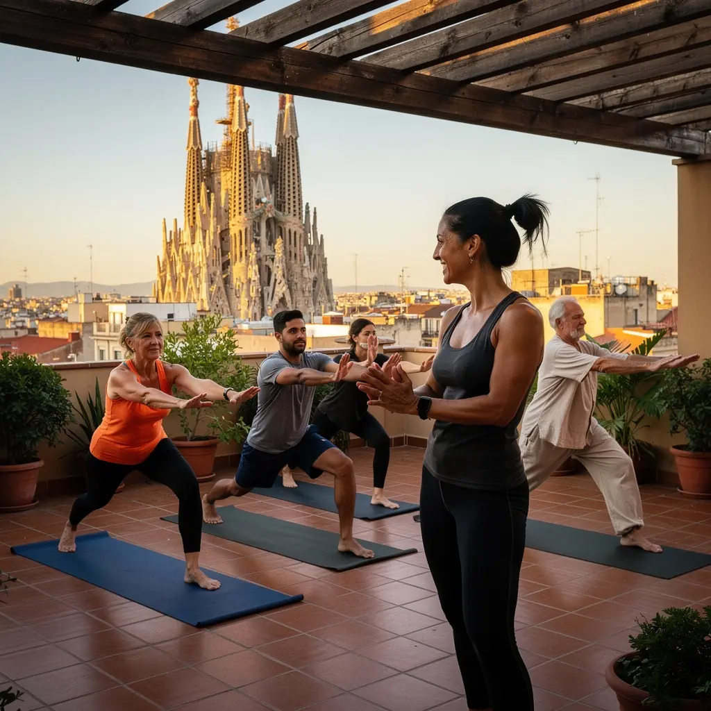 Un grupo de participantes en una sesión de yoga, sonriendo y disfrutando de los beneficios de la actividad física y la relajación.