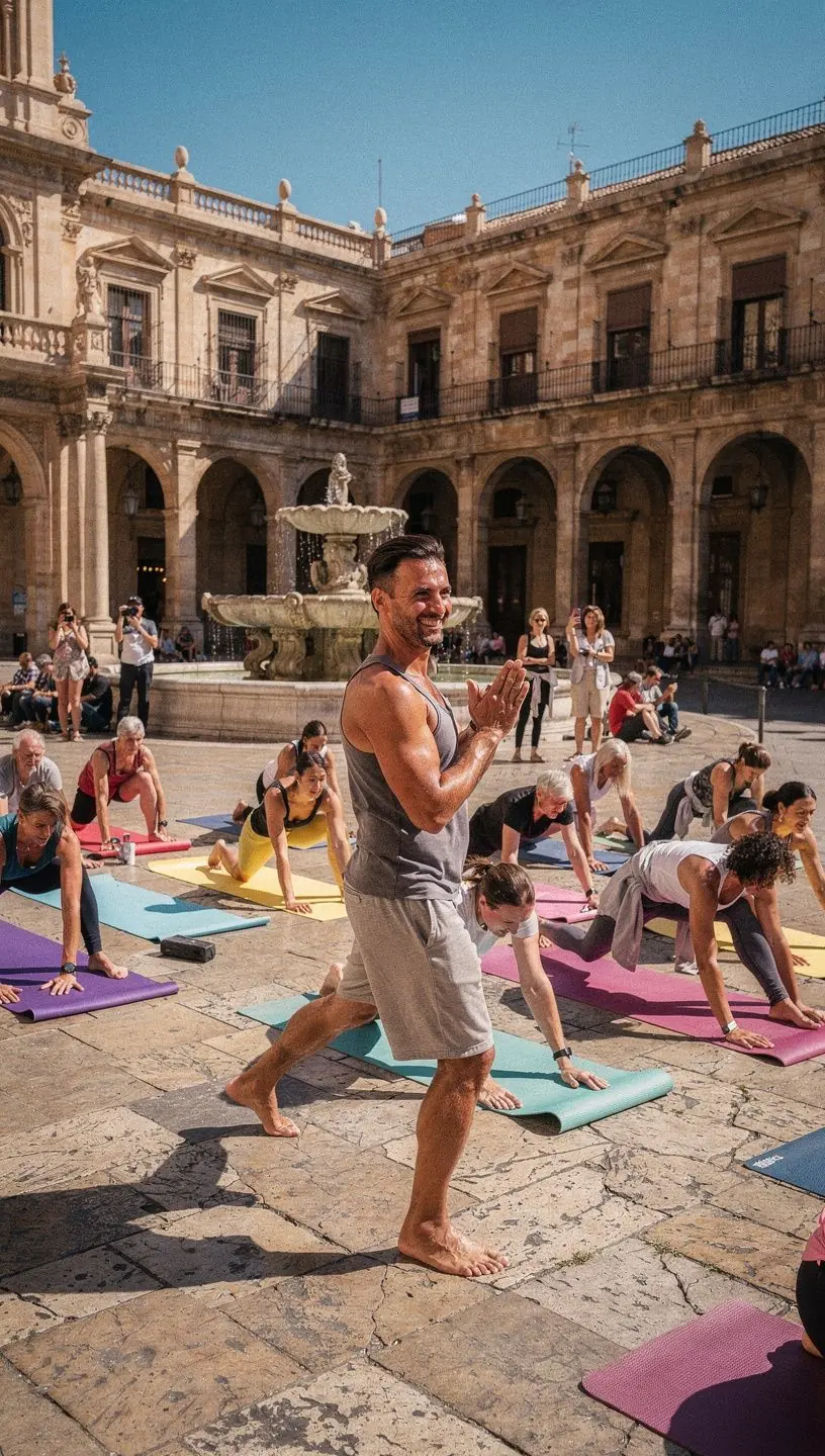 Varias personas en una clase de yoga, practicando secuencias energéticas para aumentar el metabolismo y mejorar la gestión del peso.