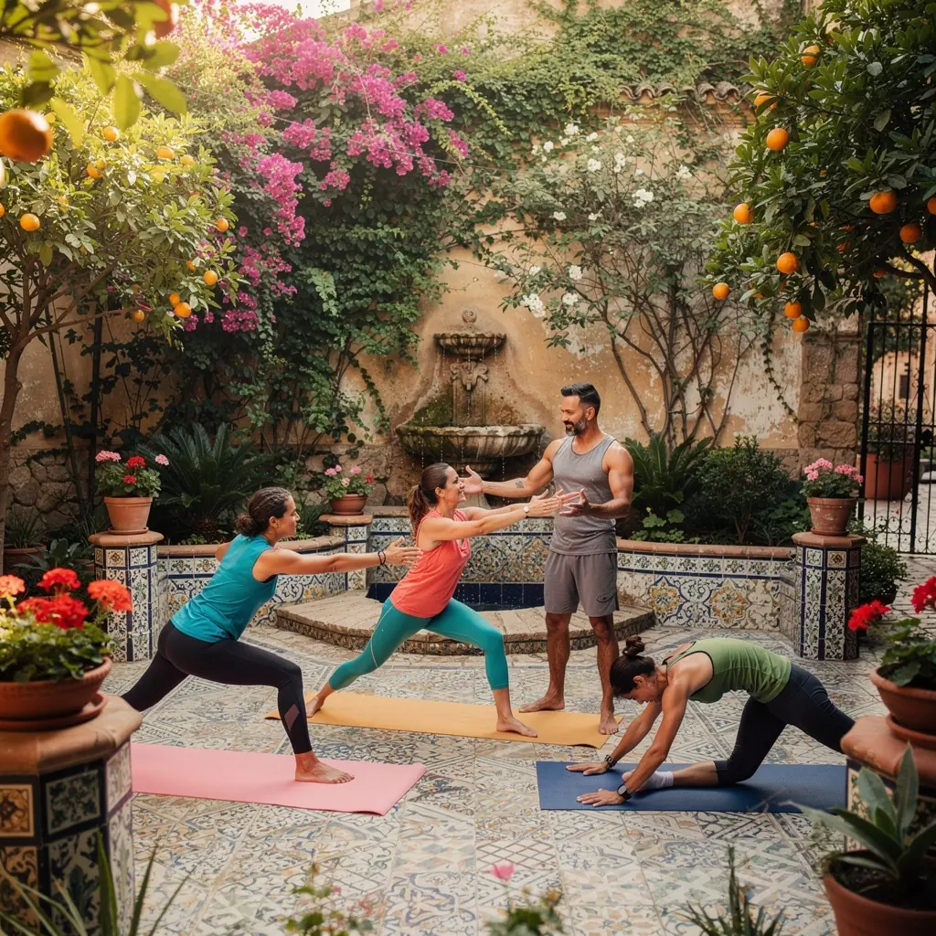 Varias personas en una clase de yoga, practicando secuencias energéticas para aumentar el metabolismo y mejorar la gestión del peso.