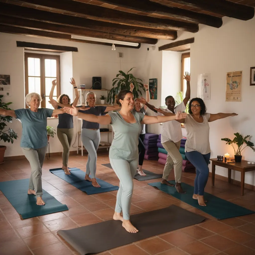 Varias personas en una clase de yoga, practicando secuencias energéticas para aumentar el metabolismo y mejorar la gestión del peso.